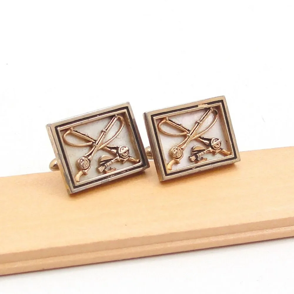 Vintage Swank Fly Fishing Cufflinks Gold Tone Mother of Pearl Rod Reel Sportsman